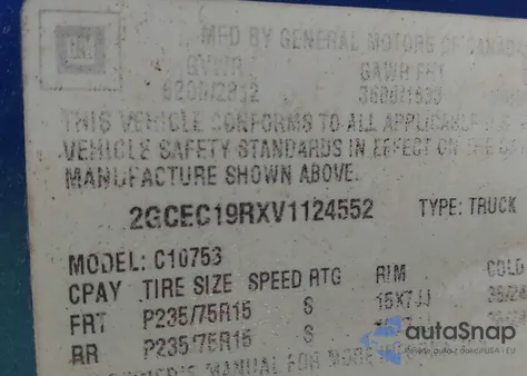 1997 Chevrolet C1500 Fleetside from USA, damaged, VIN 2GCEC19RXV1124552